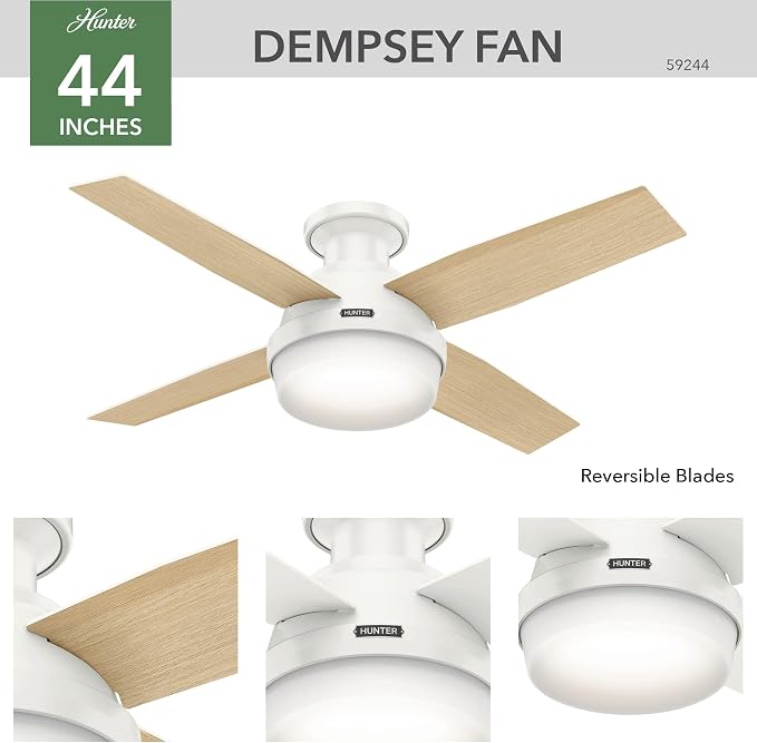 Hunter 44 inch Indoor Ceiling Fan with LED Light and Remote Control - White Modern Ceiling Fan, Low Profile Mount, 4 Blades, For Bedroom, Living Room, or Kitchen, Quiet - Dempsey 59244, Fresh White | with LED Light and Remote Control, Low Profile Mount...
