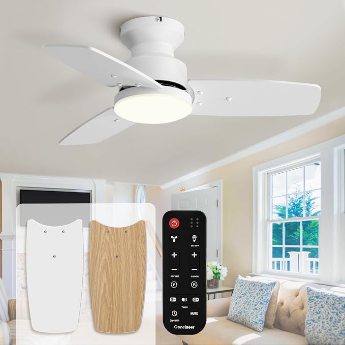 30 Inch Ceiling Fans with Lights and Remote, Bedroom Living Room Office, Flush Mount, 6CCT Dimmable, Dual Color 3 Blades 6 Speed Reversible Quiet DC Motor, White/Wood Grain