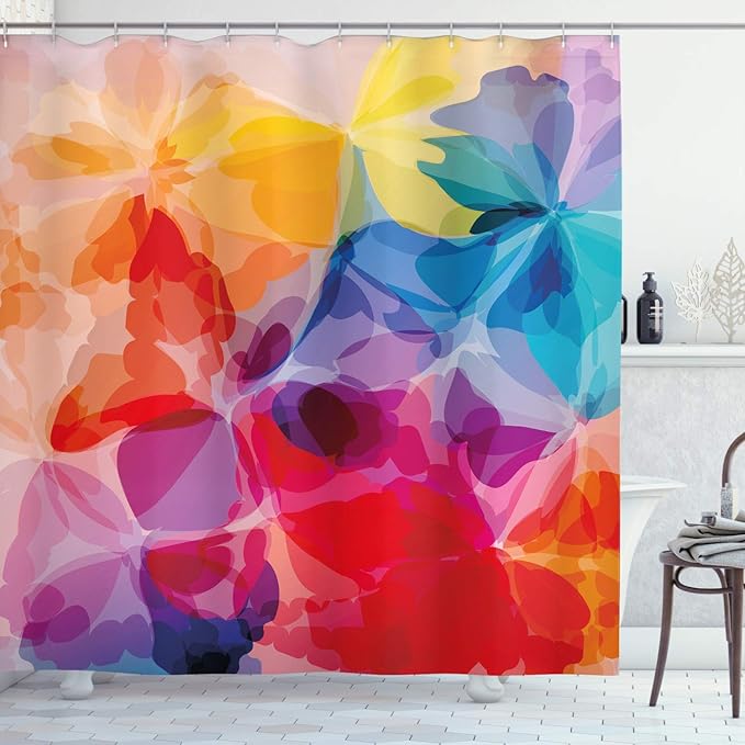 Ambesonne Floral Shower Curtain, Vibrant Colors Abstract Creative Watercolor Style Flower Pattern Design, Cloth Fabric Bathroom Decor Set with Hooks, 69" W x 84" L, Multicolor Vermilion Apricot
