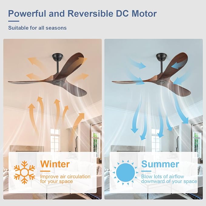 52'' Solid Real Wood Ceiling Fan no Light,DC Motor 6 Speeds Adjustable with Large Airflow,Outdoor Ceiling Fan Dark Walnut Finished for Garage,Gazebo,Living Room,Bedroom
