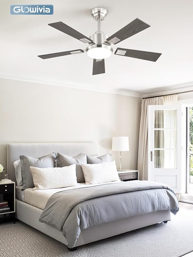 42 Inch Ceiling Fans with Lights and Remote&APP Control, Brushed Nickel Smart Ceiling Fan with 3000-6000K Dimmable, 6 Speeds Reversible, Indoor/Outdoor Ceiling Fan for Bedroom Living Room