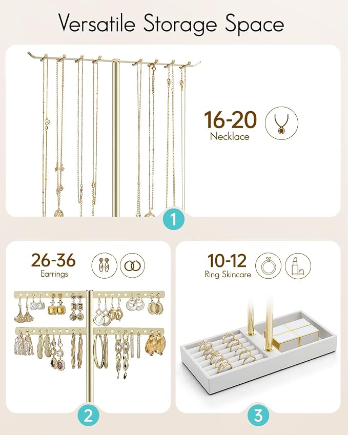VLANDO 2 Tier Jewelry Stand Organizer with Tary, Leather Jewelry Holder Display for Women, Gold Jewlery Holder Stand for Necklace, Earring, Bracelet, Rings - White