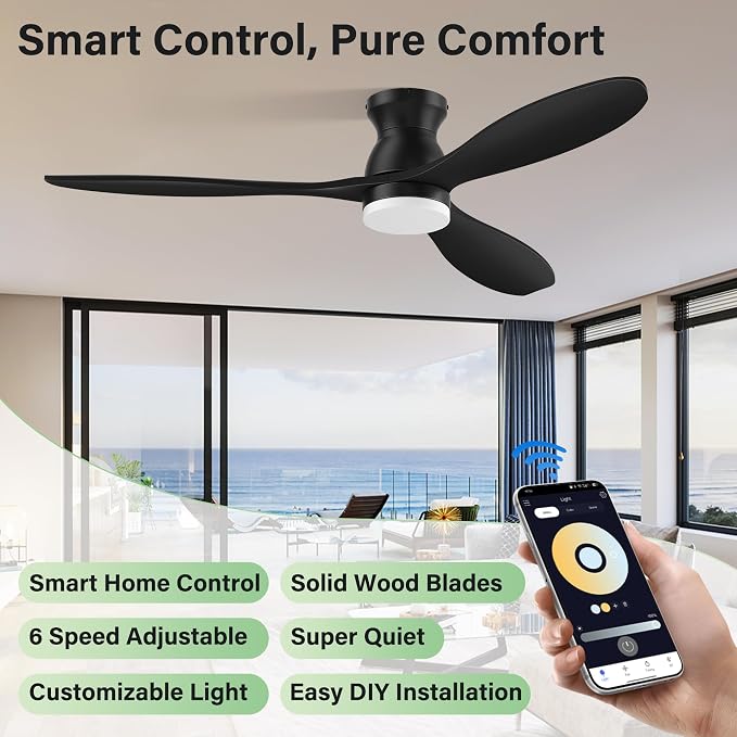 52" Wood Ceiling Fans with Lights Remote,Smart Control via Alexa App,Quiet DC Motor,Flush Mount Low Profile Ceiling Fan for Modern Bedroom,Living Room,Patio,Outdoor Indoor,Matte Black,Dimmable,6-Speed