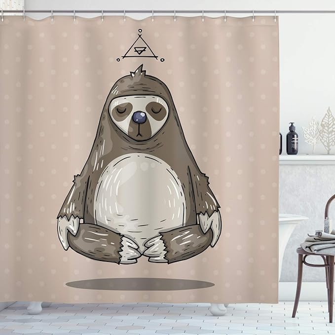 Ambesonne Sloth Shower Curtain, Cartoon Sloth Meditates Lotus Position Relax Lifestyle Comic Inspirational, Cloth Fabric Bathroom Decor Set with Hooks, 69" W x 70" L, Warm Taupe Sage Green