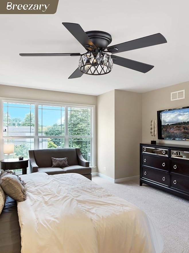 52 Inch Flush Mount Ceiling Fans with Lights and Remote, Double-Sided 5-Blade, 6-Speed Reversible DC Motor, Modern Low Profile Ceiling Fan Crystal Fandeliers for Bedroom Living Room Kitchen (Black)