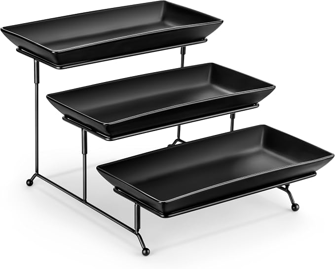 MALACASA 3 Tier Serving Tray, Porcelain Tiered Serving Trays Platters, 12 Inch Serving Stand with Platters,Black Dessert Stand with Collapsible Sturdier Metal Rack,Series PLAT | Tiered Serving Stand for Party, Fruit Tray, Trays for Serving Food, Desser...