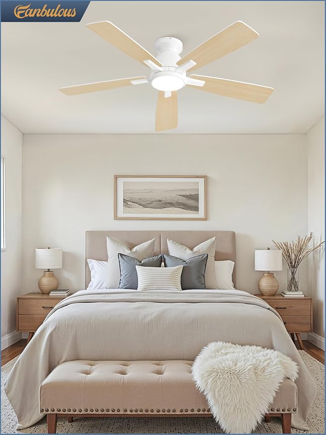 Fanbulous 46 inch Ceiling Fans with Lights, Flush Mount Ceiling Fan and Remote, Modern Low Profile, 3CCT 20W LED Light with 6-Speeds Quiet Reversible Motor, for Bedroom, Living Room, Apartment, White
