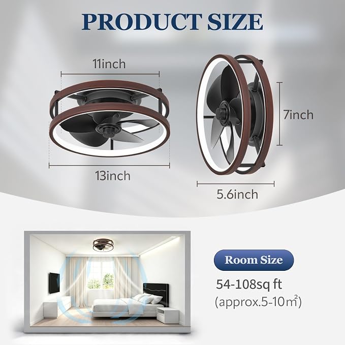 13 Inch Small Ceiling Fan with Light and Remote, Low Profile Flush Mount Fandelier, Dimmable 3CCT Quiet LED Ceiling Fans for Bedroom Iron Walnut