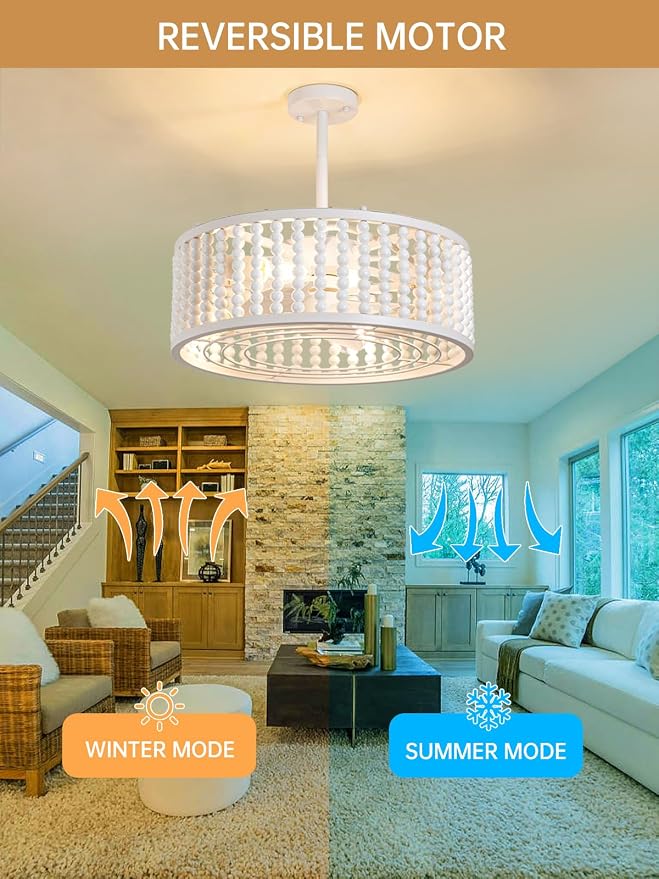 Ceiling Fans with Lights and Remote - Bulbs Included, Caged Fandelier with Handcrafted Beaded Décor 19 inches Reversible Flat and Angled Ceiling Installation, White