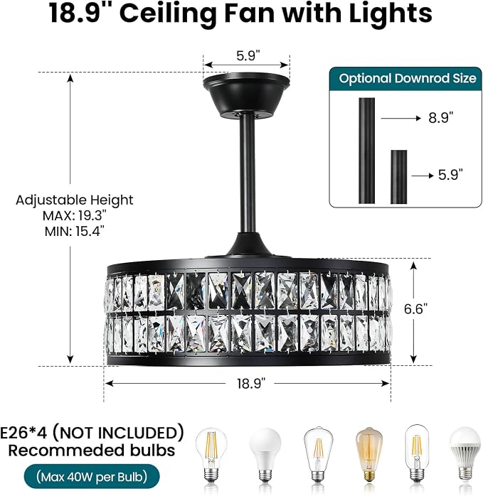 Crystal Caged Ceiling Fan Light: 18.9" Semi Flush Mount Fandelier Ceiling Fan Lights with Remote/Reversible 6 Speeds/Timer/DC Motor Low Profile Chandelier Ventilador de Techo for Bedroom Living Room