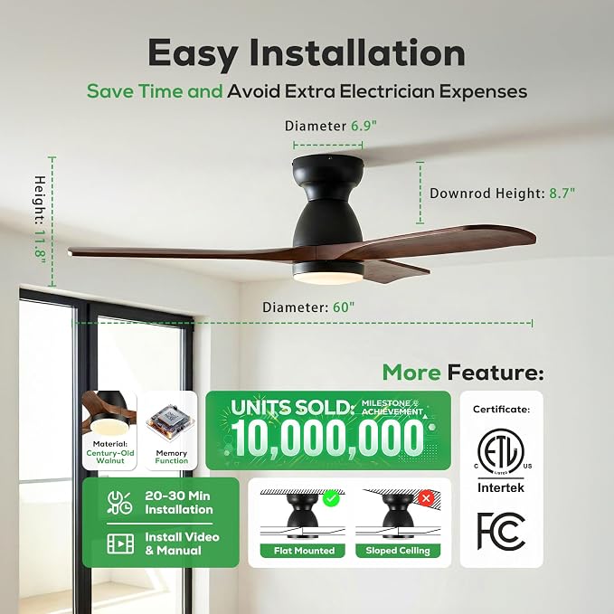 60in Smart Flush Mount Ceiling Fans with Lights,Outdoor Low Profile Ceiling Fan Quiet DC Motor,Work with Alexa/Gg Voice Control/App/Remote,Dimmable,6-speed,3 Wood blades Fan for Patio,Dark Walnut
