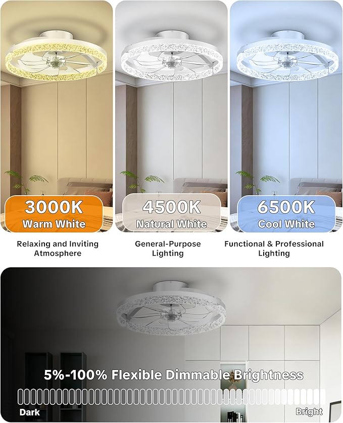 Ceiling Fans with Lights and Remote, Low Profile Ceiling Fan, Morden Flush Mount LED Fan Light, 3000K-6500K Dimmable for Bedroom, Kitchen, Living Room, Srystal, White