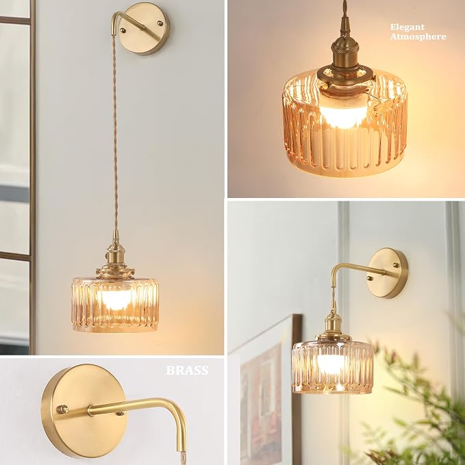 Shenmoyl Battery Operated Wall Sconce with Amber Striped Shade Pattern Glass Adjustable Chain Retro Gold Wall Mounted Light, Modern Wall Lamp Fixtures Decor for Bedside Bedroom Indoor Doorway