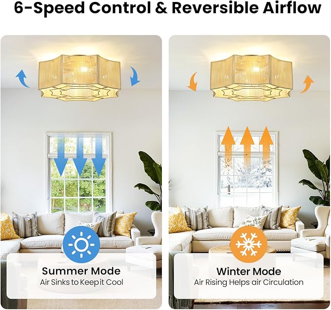 Boho Ceiling Fan with Light, 20'' Flush Mount Caged Ceiling Fan with Light Remote Control, Cotton Rope Low Profile Fandelier with 6 Speeds for Bedroom, Living Room
