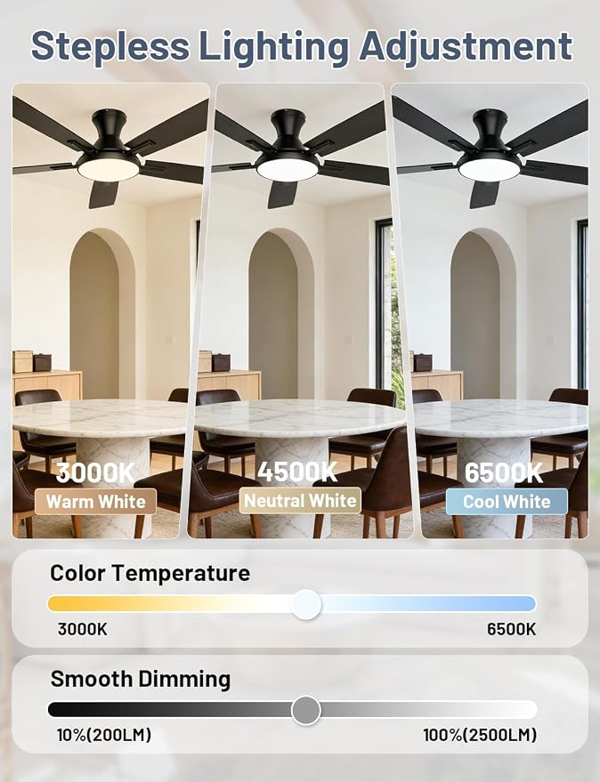 Ceiling Fan with Lights, 52” Ceiling Fan with Light and Remote/APP Control, 2700-6500K CCT Adjustable, Stepless Dimmable, Quiet Reversible Motor, Flush Mount LED Fans Light for Bedroom Living Room