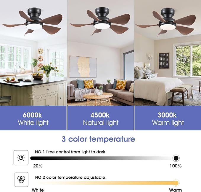 Kviflon 32 Inch Modern Ceiling Fans with Lights, Small Flush Mount Ceiling Fan with Light, Remote Control, 5 Reversible Curved Blades, 6 Speeds, 3 CCT Dimmable LED Lights for Kids Room Bedroom, Brown