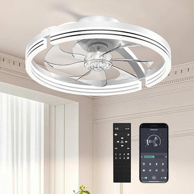Ceiling Fans with Lights and Remote, 20" Low Profile Flush Mount Ceiling Fan, 3000-6500K Dimmable LED Fandelier, 6 Quiet Speeds for Bedroom
