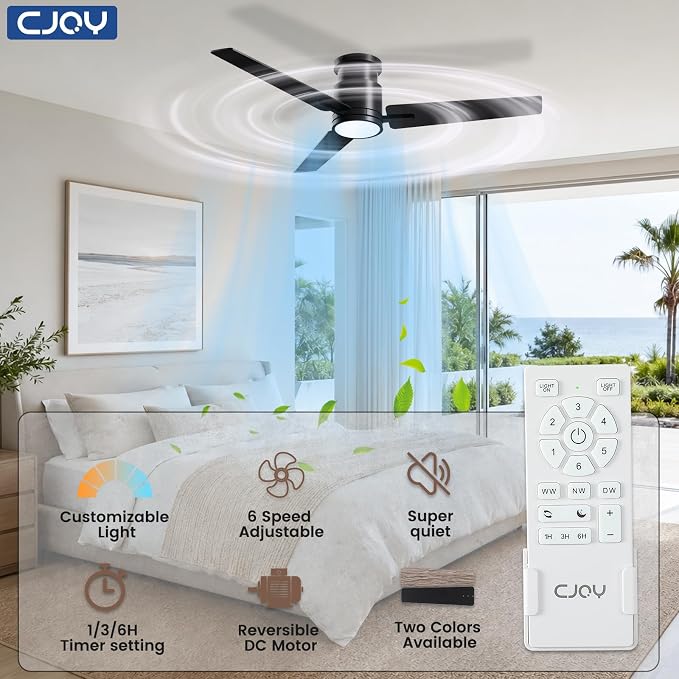 CJOY Ceiling Fan with Lights, 52 Inch Low Profile Ceiling Fans with Light and Remote, Reversible DC, Flush Mount, 3CCT，Dimmable, Modern Indoor/Outdoor Design for Bedroom, Living Room, Patio, Kitchen