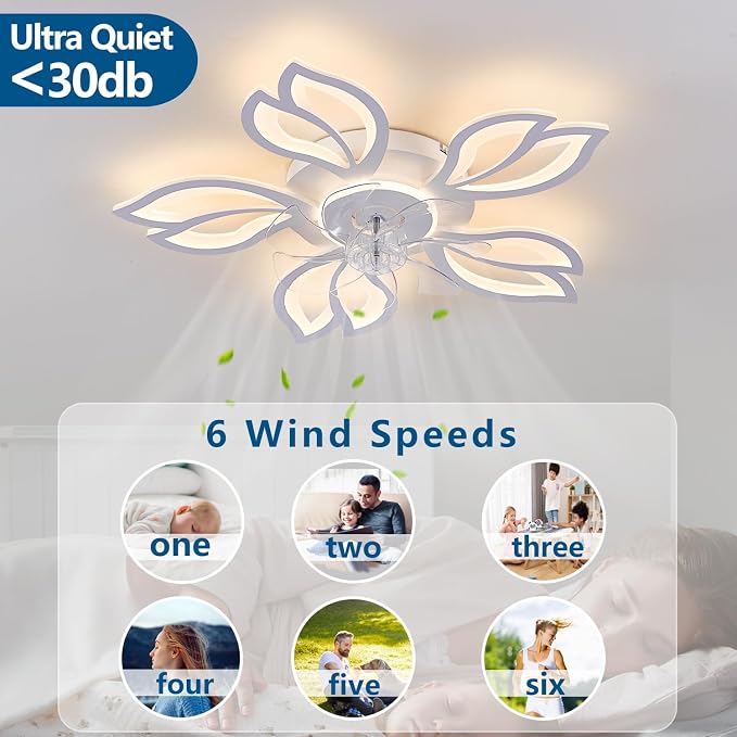 Dalouguan Ceiling Fan with Lights Remote Control, 26" White Modern Leaf 6 Speeds 3 Light Color Low Profile Flush Mount Ceiling Fan for Kitchen Bedroom