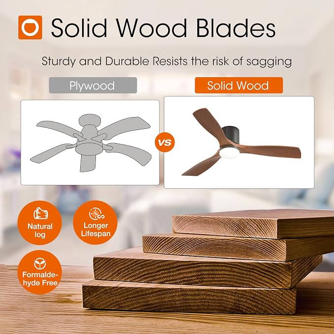 addlon 52 inch Ceiling Fans with Lights, Low Profile Ceiling Fan with Light and Remote Control, Flush Mount, Reversible, 3 Wood Blades, 3CCT Dimmable, Black Walnut Ceiling Fan for Indoor/Outdoor Use