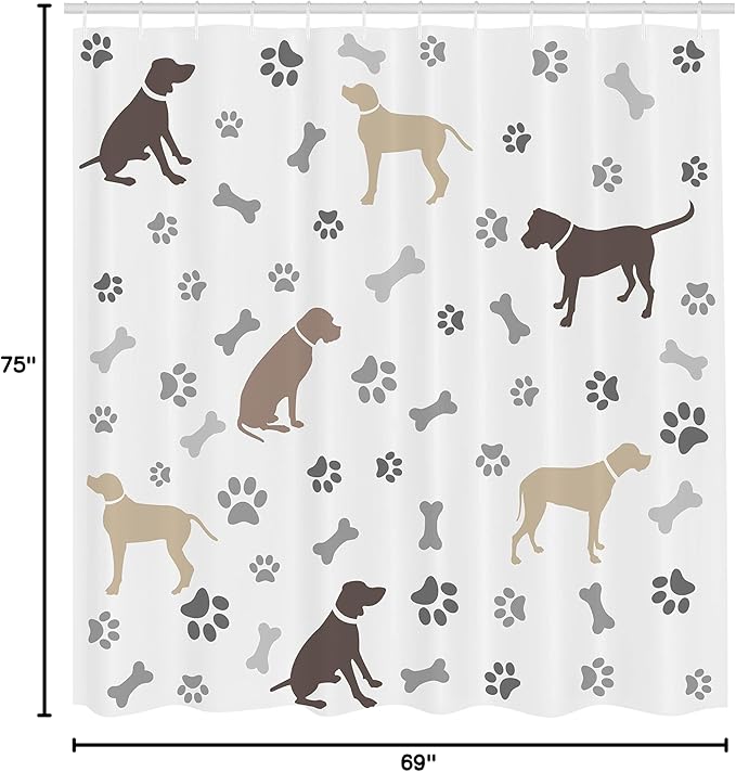 Ambesonne Dog Lover Shower Curtain, Paw Print Bones and Dog Silhouettes American Foxhound Breed Playful Pattern, Cloth Fabric Bathroom Decor Set with Hooks, 69" W x 75" L, Umber Beige Grey