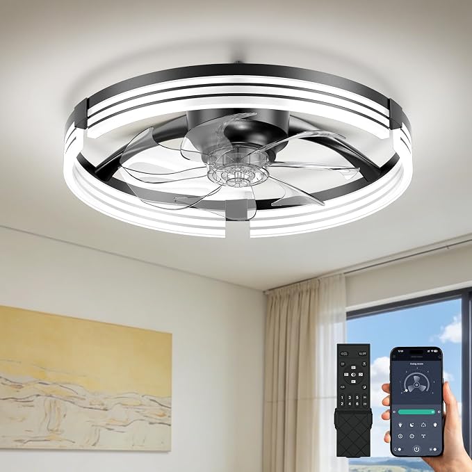 Ceiling Fans with Lights and Remote, 20'' Low Profile Ceiling Fan with APP Control, 3000K-6500K Dimmable, Quiet Reversible DC, Modern Flush Mount Fandelier for Bedroom (Black-Stripe)