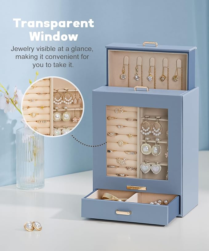 Homde Display Jewelry Box for Girls: Starter Organizer with Clear Window | Vertical Drawers for Earrings Rings Necklaces - Compact Footprint Fits Small Vanities - Birthday&Graduation Gift for Teens