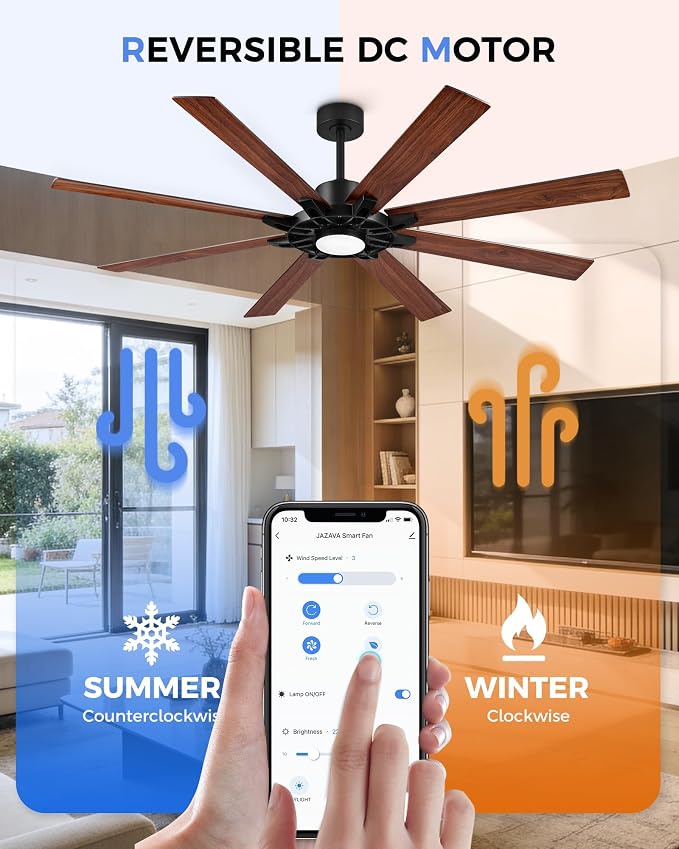 72 Inch Ceiling Fan with Light,Smart Ceiling Fan with Alexa Control,Large Black Indoor Outdoor Ceiling Fan,Modern Quiet Fan with Dual Finish 8 Blades for Living Room,Patio, ZCCF05BK-72