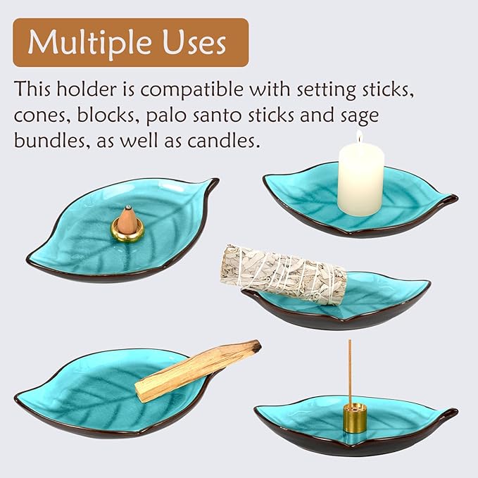 Incense Holder for Sticks (9 Holes) and Cones, Handmade Ceramic Incense Ash Catcher for Meditation, Yoga, SPA Days, Relaxing, Home Decor, Candle Holder, Easy to Clean, Leaf-Shape (Blue)