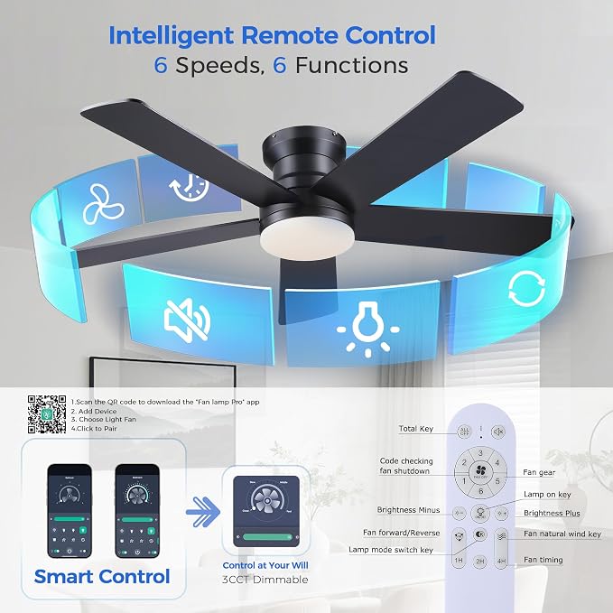 Ayaoty Ceiling Fans with Lights - 48" Black Flush Mount Ceiling Fan Light with 6 Speeds 3CCT Dimmable, Revesible Motor, Low Profile Fan Light for Modern Indoor Bedroom, Kitchen