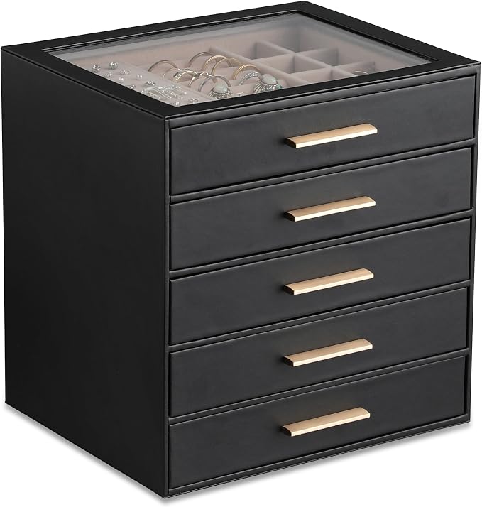 Frebeauty Jewelry Box for Women,Clear Lid Jewelry Organizer with 5 Drawers | Faux Leather,Velvet Lining,5-Layer Large Capacity,Jewelry Storage for Rings Earrings,Dustproof Design,Golden Stylish Handle