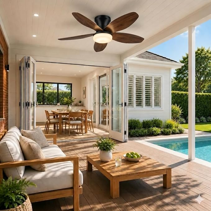 35 In Small Low Profile Ceiling Fan Light Remote Walnut Outdoor | Quiet 6-Speed Airflow,3CCT Dimmable,Memory for Light,2/4H Timer,Reversible DC Motor,Bedroom Patio Indoor Use