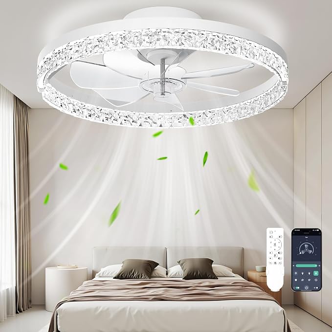 CHAREADA Ceiling Fan with Light, 20" Modern Low Profile Foldable Ceiling Fans with 6 Wind Speeds (Crystal White)