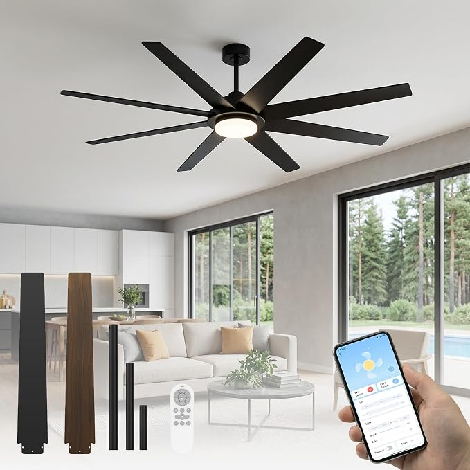 72 Inch Ceiling Fans with Lights, Large Ceiling fan with Light and Remote/APP Control, 3CCT, Dimmable, Noiseless DC Reversible Motor, 8 Blades Black Ceiling Fan for Bedroom Living Room Outdoor