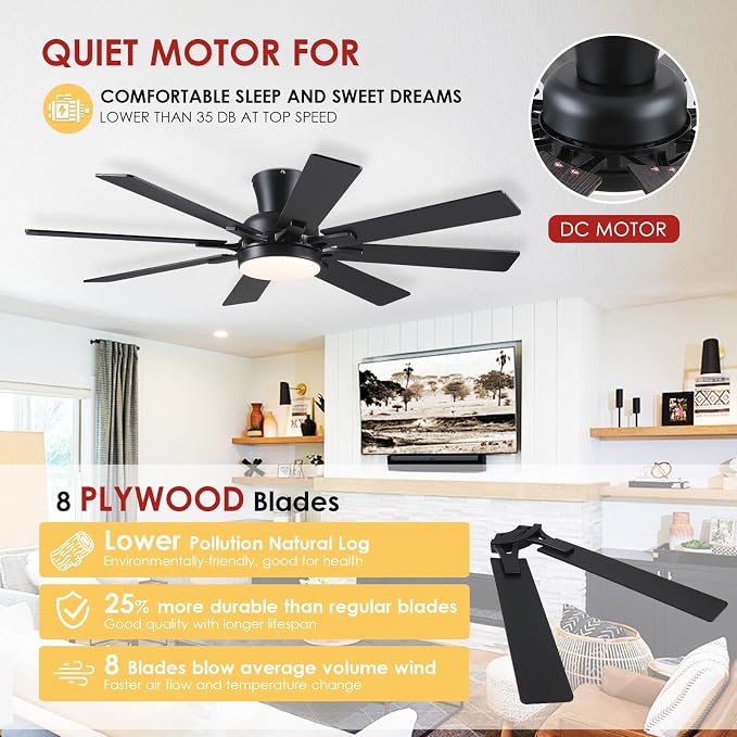 Mpayel Ceiling Fans with Lights, 52 Inch Low Profile Flush Mount Ceiling Fan, Modern Black Ceiling Fan with Light for Bedroom Living Room, Remote/APP Control, Quiet DC Motor, Dimmable, 8 Wood Blades