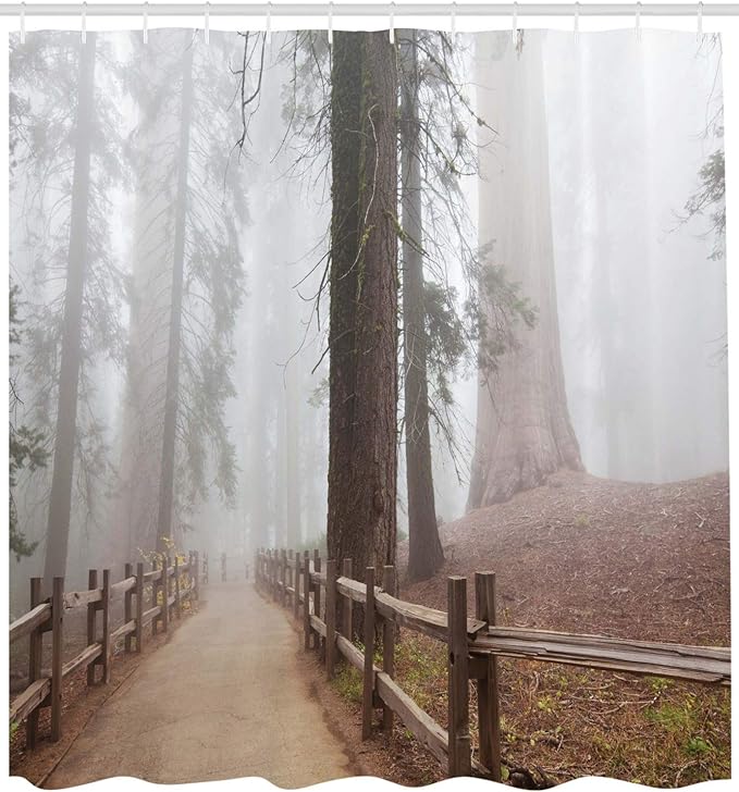 Ambesonne Yosemite Shower Curtain, Evergreen Forest and Walkway in Sequoia National Park Foggy Morning Nature Art, Cloth Fabric Bathroom Decor Set with Hooks, 69" W x 84" L, Grey Brown