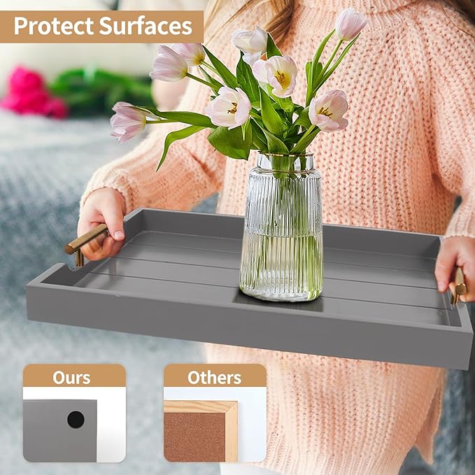 SXNOWS Wooden Serving Tray with 2 Sets of Handles,Gray | 16.5x13 Inch Large Ottoman Tray for Living Room Coffee Table Breakfast in Bed BBQ Party, 4 Round Coasters Included