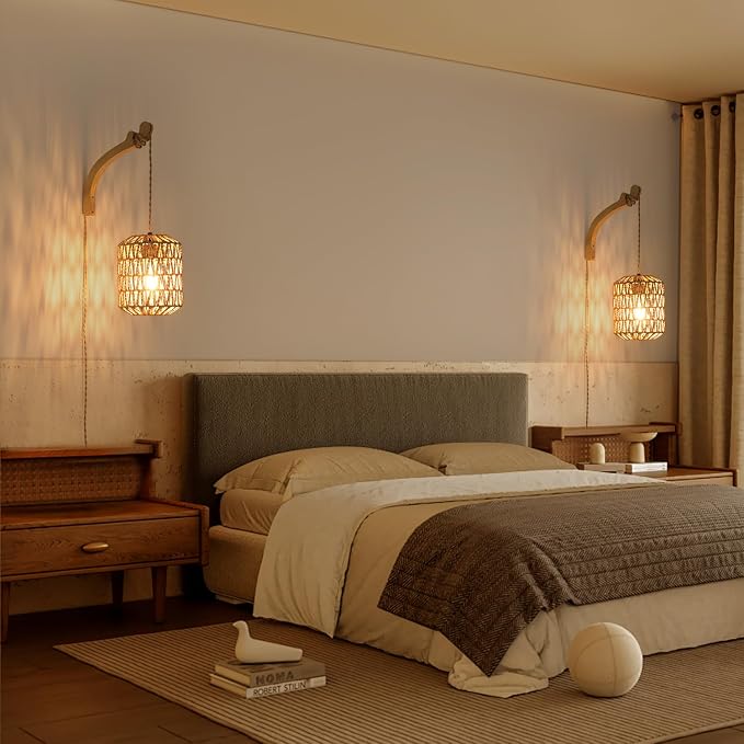 Plug in Wall Sconce,Farmhouse Wicker Wall Lamp Plug in,Hand Woven Rattan Wall Light Farmhouse Rustic Boho Sconces Wall Lighting for Living Room Bedroom