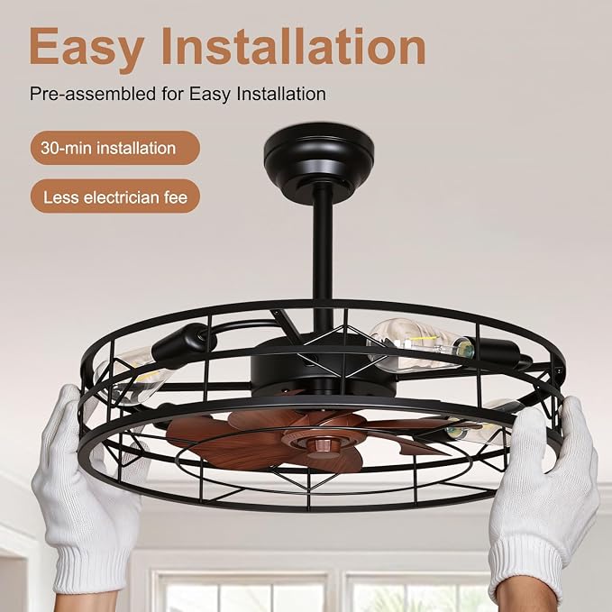 TCL 24 Inch Caged Ceiling Fan with Light and Remote, Low Profile Flush Mount Fandelier, Rustic Farmhouse Style Ceiling Fans for Bedroom, Kitchen, Easy to Install
