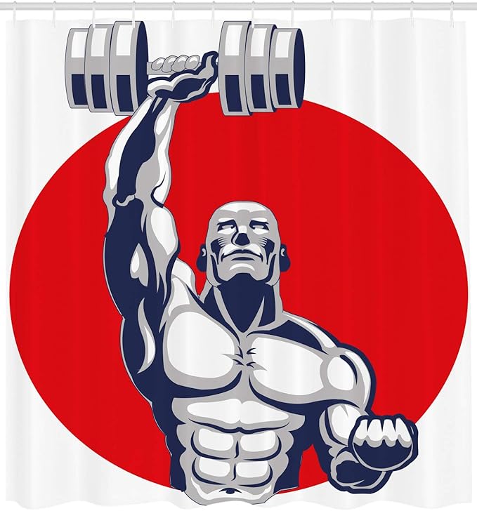 Ambesonne Fitness Shower Curtain, Muscular Man Lifting Barbells Body Builder Strength Work Out Powerful, Cloth Fabric Bathroom Decor Set with Hooks, 69" W x 75" L, Grey Red White