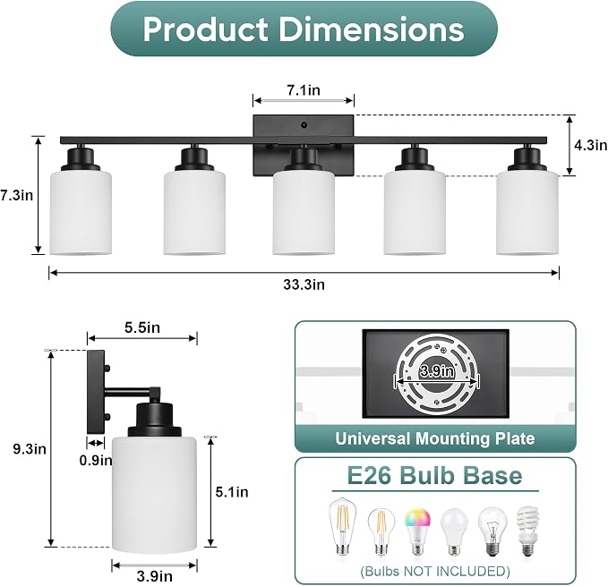 Ascher Bathroom Light Fixtures, 5-Light Vanity Light Over Mirror, Matte Black Wall Sconces with Milky White Frosted Glass Shades, Wall Lamp for Living Room Bedroom, E26 Base(Bulbs Not Included)