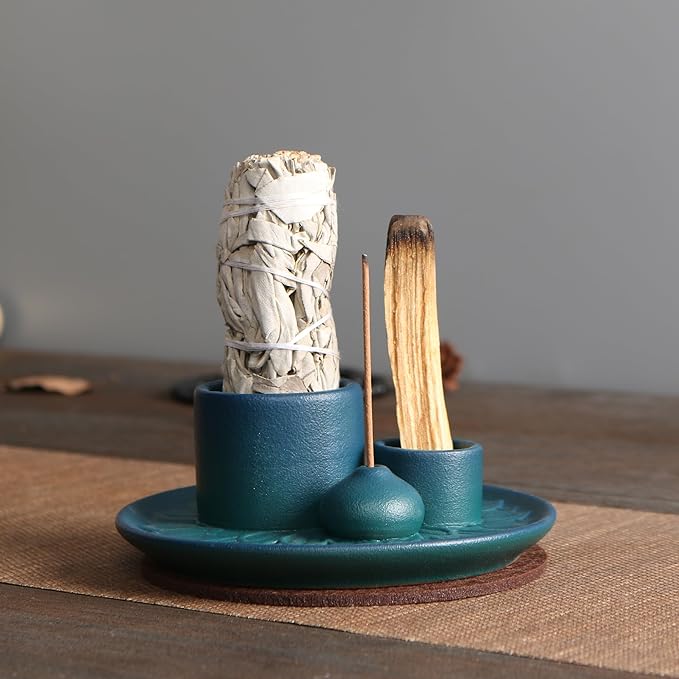 4 in 1 Ceramic Incense Burner, Sage Holder for Burning Bowl, Palo Santo Sticks Holder, Smudge Stick Ash Catcher Tray for Meditation Yoga Room (Blue)