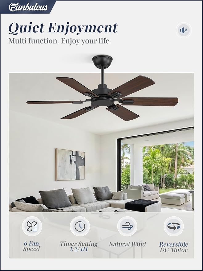 Fanbulous 42 Inch Ceiling Fans No Light with Remote, Modern Ceiling Fan Without Light, Dual Finish 6 Blades, Reversible Quiet DC Motor, 6 Speed, Large Ceiling Fan for Indoor or Outdoor, Black