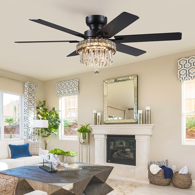 Asyko 52" Low Profile Crystal Ceiling Fans with LED Lights and Remote/APP | Supports Remote and APP,Reversible 6 Wind Speeds,30W Quiet DC Motor,6 Wood Blades,Dimmable 30W LED,Suits for Bedroom Kitchen