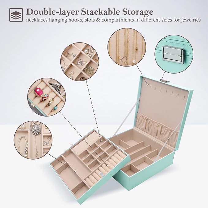 ProCase 2 Layers Jewelry Box for Women -Mint | Large Leather Jewelry Organizer Storage Case with Removable Pad for Earrings