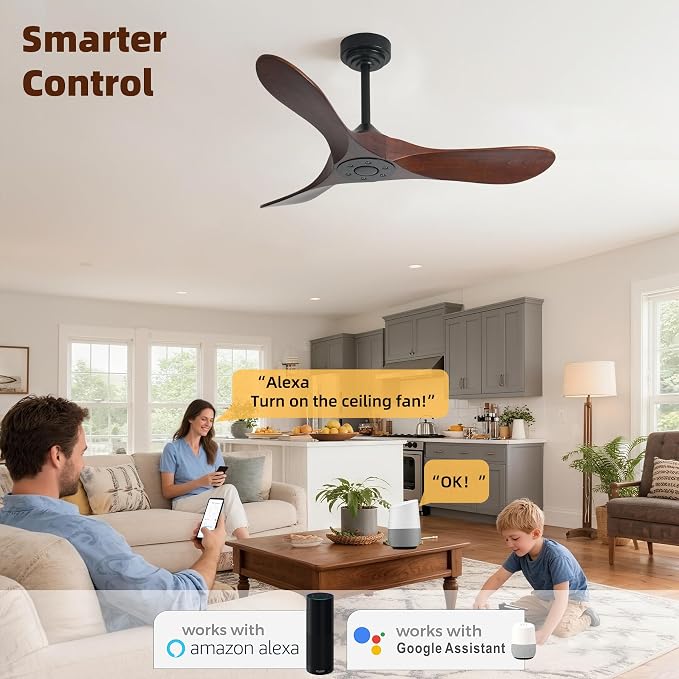Outdoor Ceiling Fan Without Light, 42Inch Smart Ceiling Fan with Remote & Voice Control for Compatible with Alexa/Google, 3-Blade Wood Fan, Quiet DC Motor, 6 Speeds for Patio, Porch, Farmhouse
