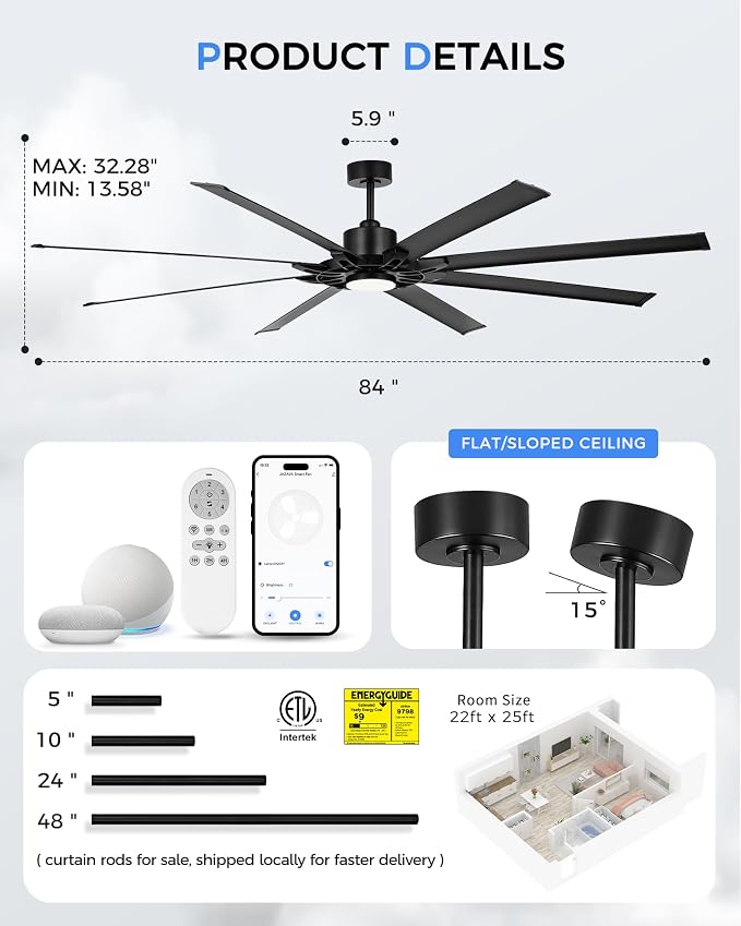 84 Inch Ceiling Fan With Light, Industrial Ceiling Fan With 8 Aluminium Metal Blades, Smart Fan Compatible with Alexa, Garage Indoor Fan For Living Room and Patio, ZCCF05ABK-84