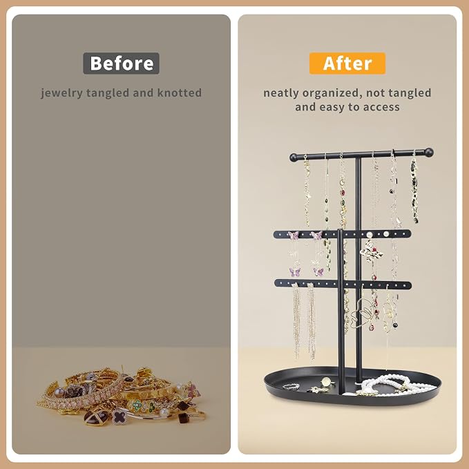 Saydear 3-Tier Jewelry Organizer Stand, Earring Holder Necklace Tree | Black Metal Earring Rails With Top Necklace Bar, Oval Tray Base, Ideal Vanity Dresser Decor, Gift For Her