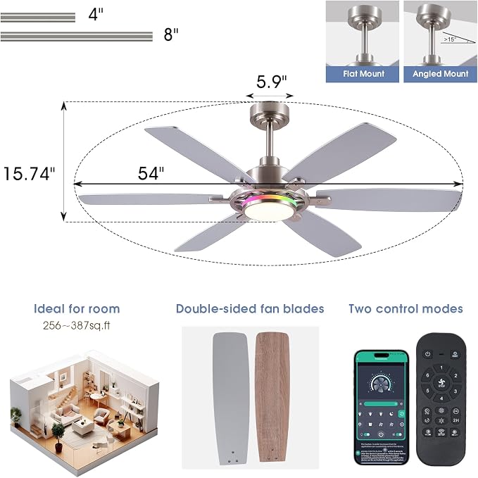 SHIHOT 54" Modern Sand Nickel 6-Blade RGB Ceiling Fans with Lights & Remote | 14 RGB Modes ,6 Wind Speeds, Reversible, Dimmable 3 CCT LED, 30W Quiet DC Motor,6 Double-Sided Blades,for Bedroom Kidsroom
