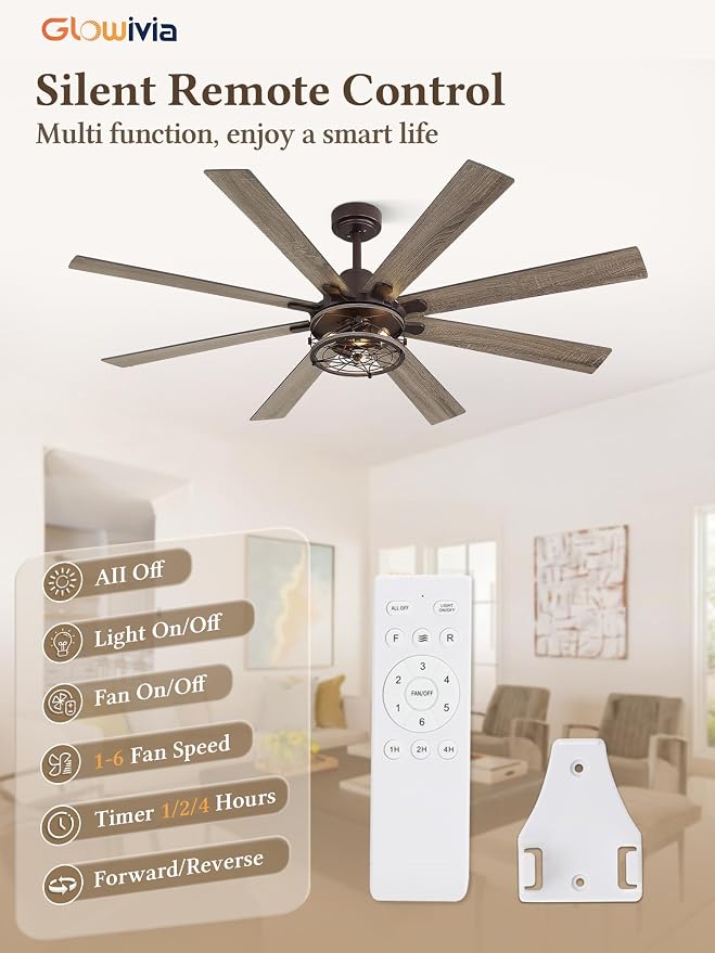 65 Inch Ceiling Fans with Lights, Farmhouse Ceiling Fan with Lights and Remote, Dual Finish 8 Blades Caged Rustic Ceiling Fans with 6 Speed Reversible Motor for Indoor/Covered Outdoor